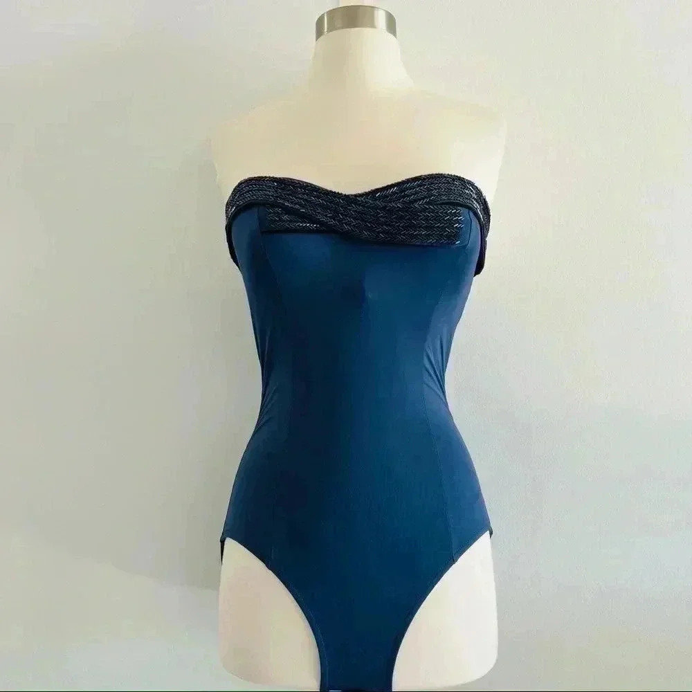 New Badgley Mischka One Piece Swimsuit Beaded Sz 8